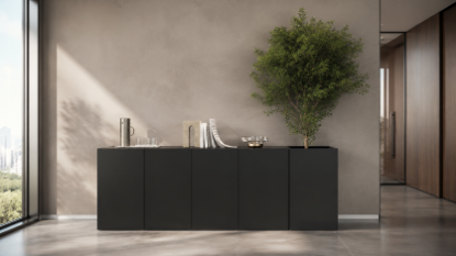 Mobile basso per ufficio composto da 2 moduli contenitori con 4 ante e una fioriera integrata, con finitura Fenix, progettato per ambienti direzionali, reception, open space e aree comuni professionali.