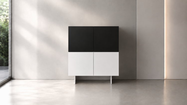 Madia componibile per ufficio con ante, struttura in conglomerato ligneo con rivestimento melaminico bianco, costruzione in folding con schiena interna, frontali in MDF rivestiti in melaminico nero opaco e bordi perimetrali in ABS.