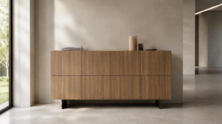 Madia componibile per ufficio con 8 ante, realizzata in conglomerato ligneo con rivestimento melaminico, costruzione in folding, schiena interna, bordi in ABS e finiture disponibili in bianco, noce Maroncelli, blu atlantik, giallo mango o verde marino.