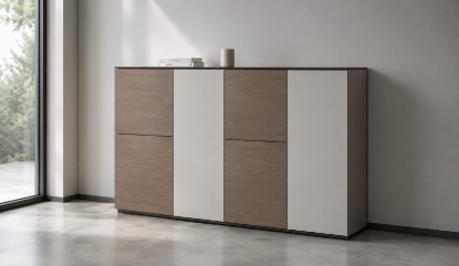 Madia per ufficio con 6 ante push-pull, frontali in truciolare nobilitato con resine melaminiche antiriflesso, bordi in ABS da 2 mm, cerniere in acciaio nichelato opaco con apertura a 110° e top di finitura.