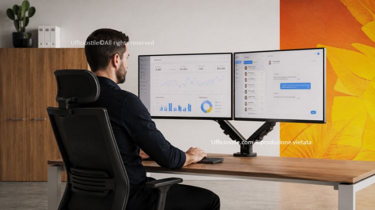Eppa™ braccio monitor doppio ergonomico per postazioni con due schermi, dotato di sistema a molla a gas per regolare altezza e inclinazione dei monitor, attacco VESA, finitura base nera e portata massima di 2 × 8 kg per monitor fino a 40”.