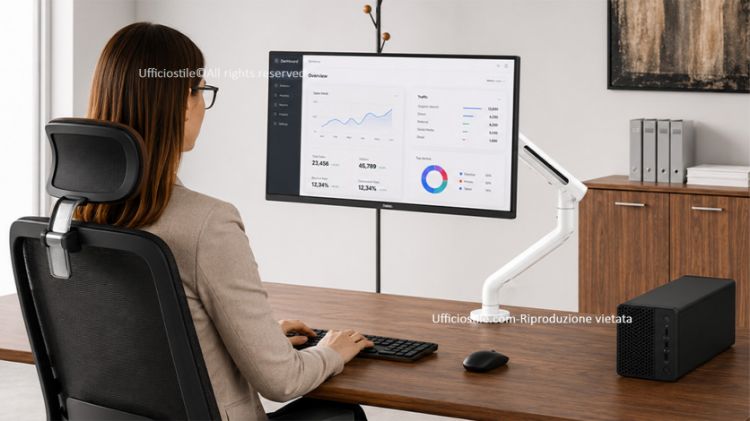 SmartView braccio monitor singolo ergonomico per postazioni professionali e home office, con molla meccanica per movimento dinamico controllato, attacco VESA, finitura base nera, finitura opzionale bianca e portata massima di 9 kg per monitor fino a 40”.
