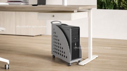 Porta CPU da pavimento in lamiera, configurabile su ruote per agevolare gli spostamenti oppure su piedini fissi per un posizionamento stabile, con dimensioni L 56 × P 23 × H 59,5 cm e finiture disponibili bianco e alluminio.