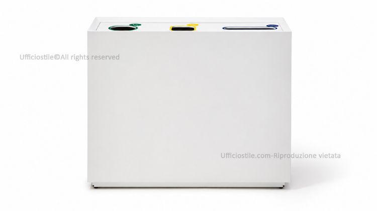 Contenitore per raccolta differenziata da 120 litri con anta a ribalta superiore, struttura in ferro verniciato a polvere, design minimale e compatto, componenti disassemblabili per il riciclo e certificazione di resistenza al fuoco UNE-EN 13501-1.