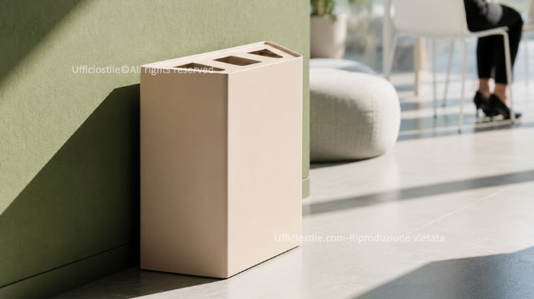 Cestino per raccolta differenziata da 90 litri per uffici e aree break, con struttura in acciaio verniciato con polveri epossidiche, pannello superiore sagomato con tre aperture, tre scomparti interni da 30 litri e reggisacchetti asportabili.
