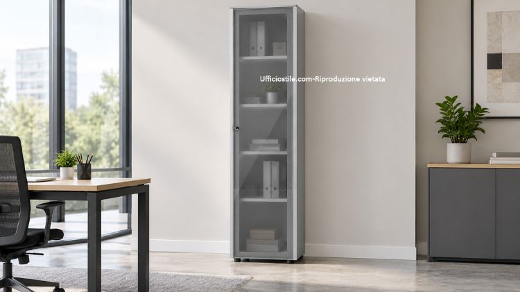 Mobile contenitore alto per ufficio con anta in vetro e serratura, h 195 cm