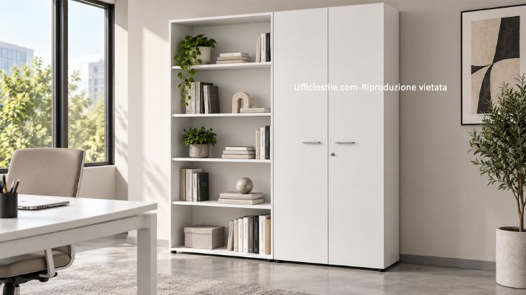 Picture of White office cabinet with doors and open compartments