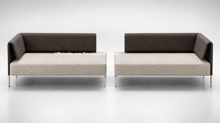 Coppia di divanetti attesa per ufficio, reception e aree conversazione, con schienale liscio bicolore, struttura portante in acciaio verniciato e rivestimento in tessuto Xtreme FR® con certificazione di reazione al fuoco del rivestimento.
