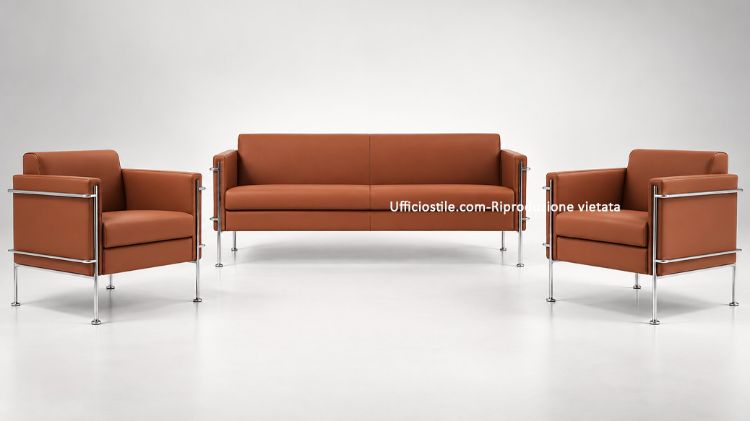Composizione lounge serie Jack per ufficio, reception e sale attesa, composta da divano 2/3 posti e due poltrone abbinate con struttura in acciaio cromato, imbottitura in poliuretano espanso e rivestimento fisso in ecopelle ignifuga certificata.