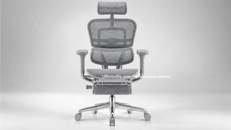 Poltrona ufficio ergonomica EGREEN con braccioli regolabili 5D, sedile e schienale in mesh a rilascio di pressione differenziata, sostegno lombare Up-Down regolabile in 6 posizioni, meccanismo sincronizzabile bloccabile in 4 posizioni e regolazione della profondità del sedile.