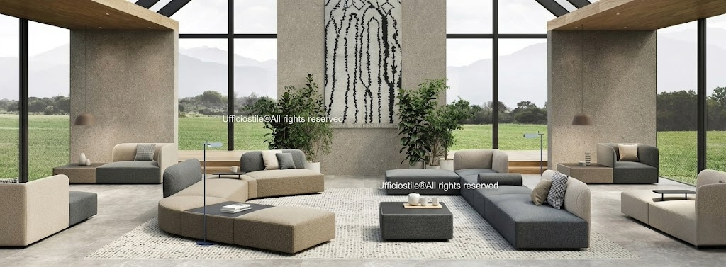 Lounge hotel con divani modulari e tavolini