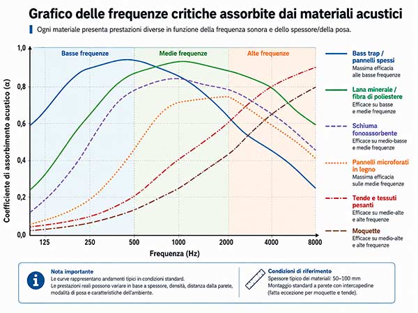 Grafico delle frequenze critiche assorbite dai materiali acustici