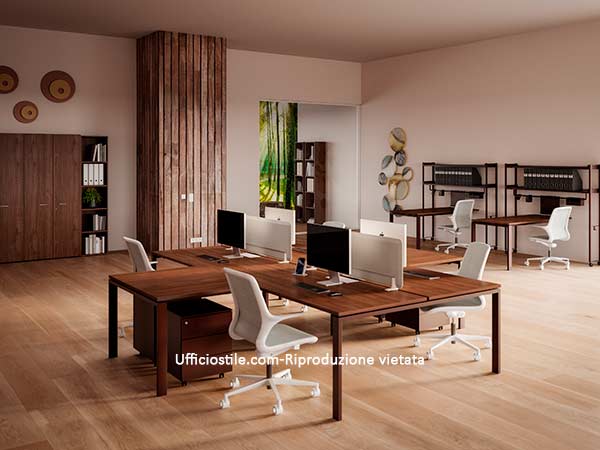 Configurazioni tipiche di postazioni coworking e bench condivisi in ufficio