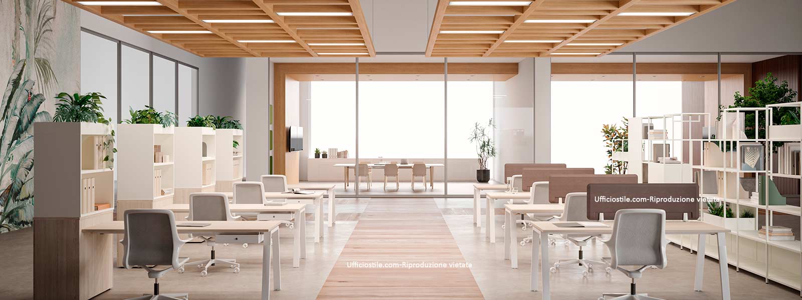 Moduli standardizzati per postazioni coworking con piani melaminici
