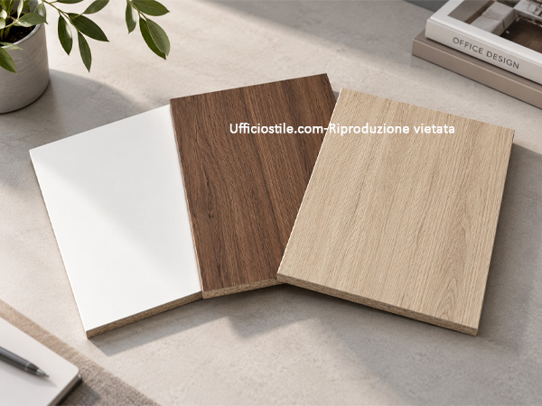 Campionatura di finiture melaminiche bianco, noce e rovere chiaro per armadi