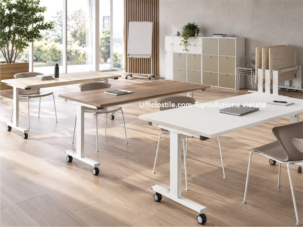 Piani in melaminico per tavoli ribaltabili nelle finiture bianco, noce e rovere chiaro