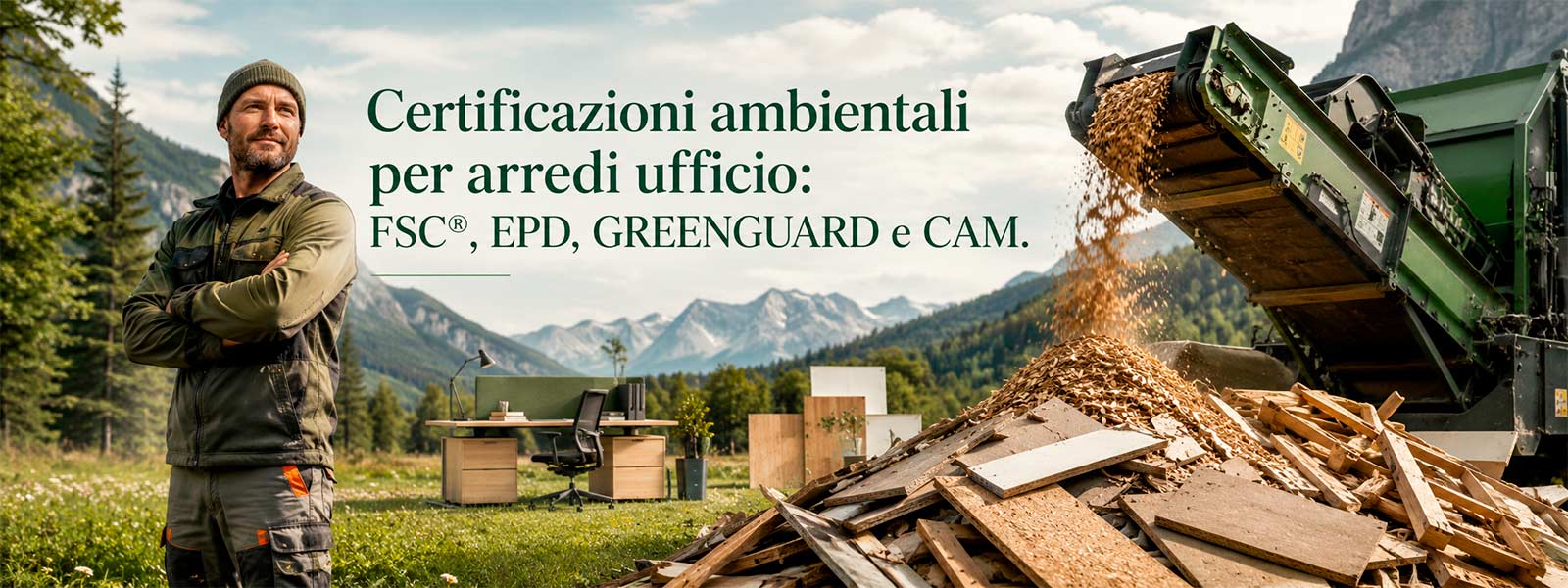 Documentazione sulle certificazioni FSC, EPD, GREENGUARD e CAM per arredi ufficio