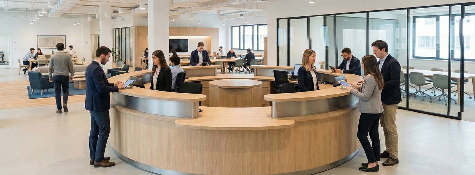 Bancone reception curvo per coworking e spazi dinamici