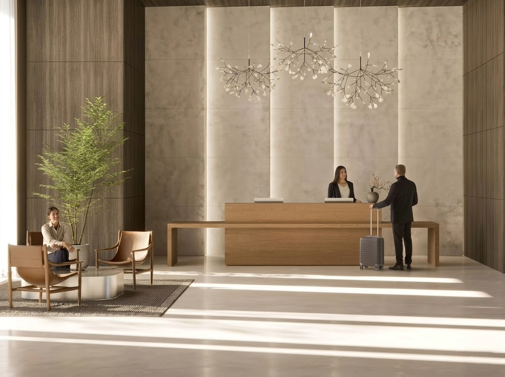 Bancone reception con illuminazione LED integrata e prese USB a scomparsa