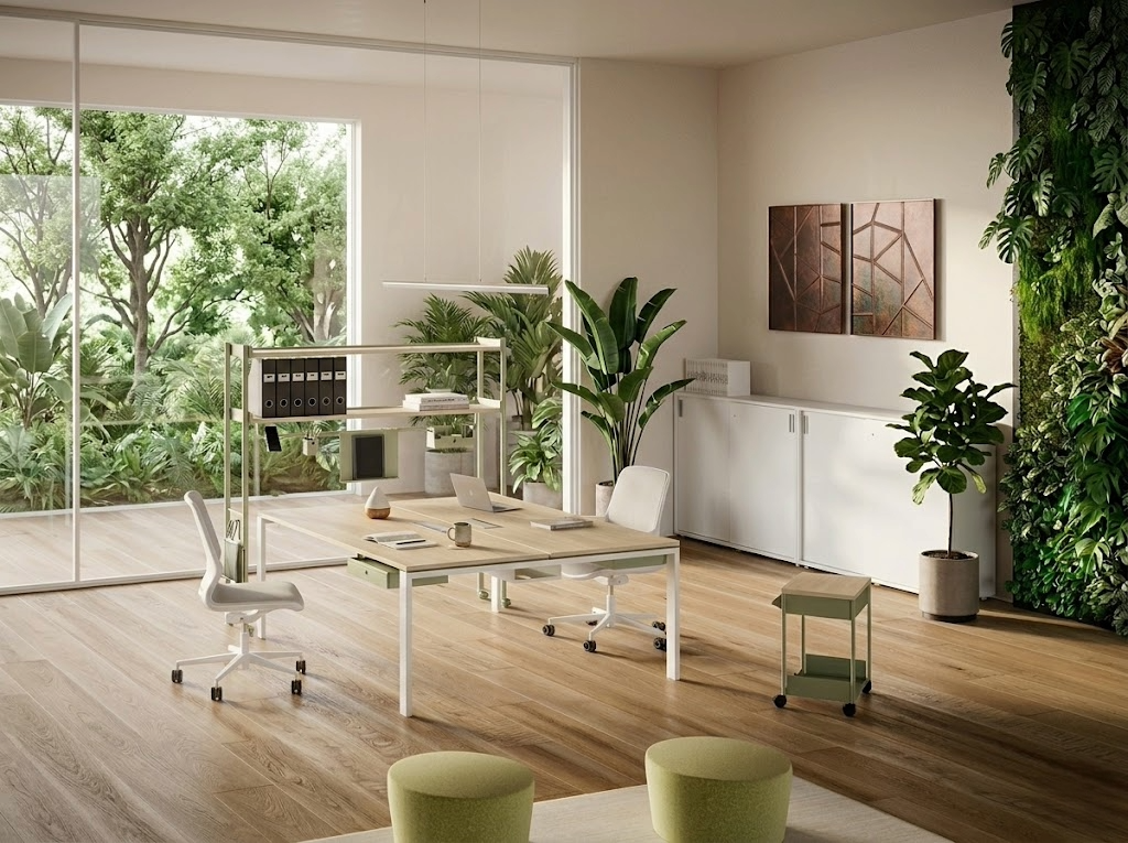 Configurazioni di open space con design biofilico