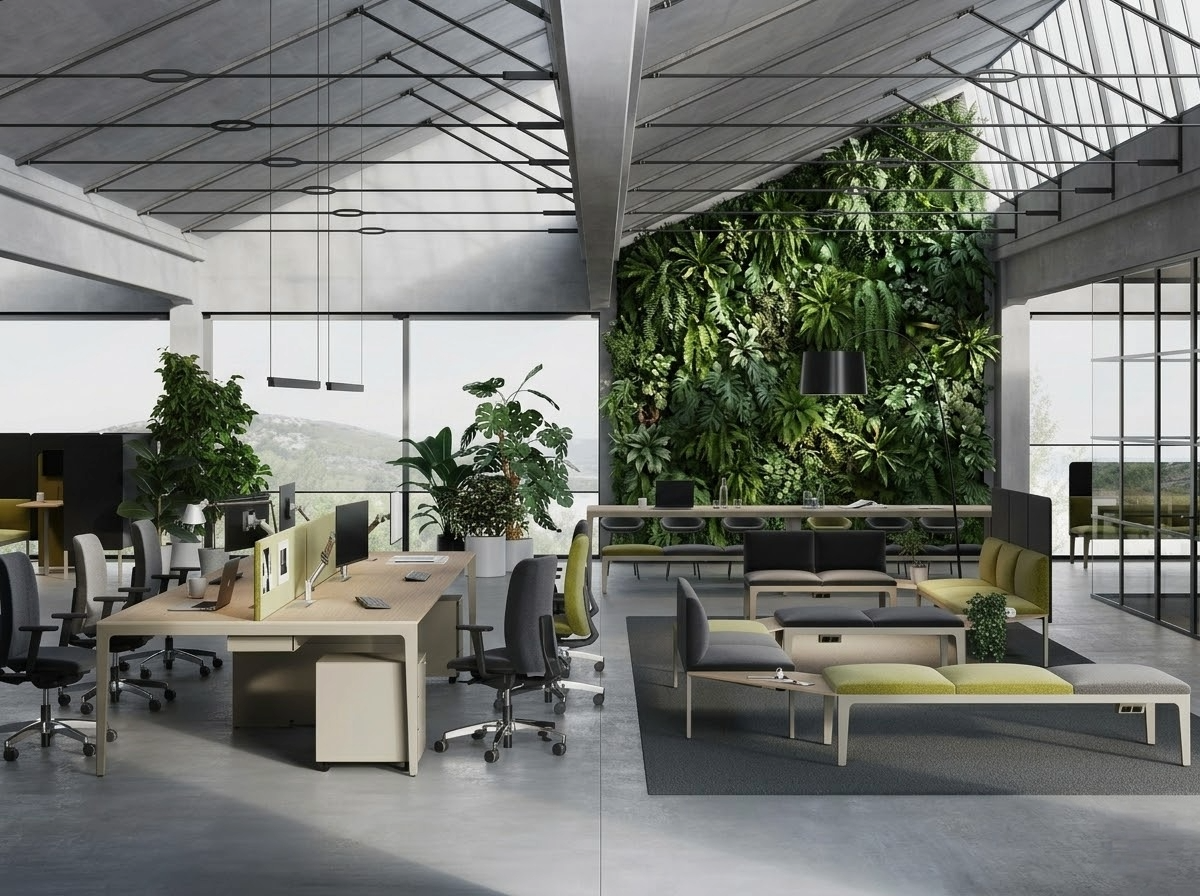 Open space con verde verticale e luce naturale