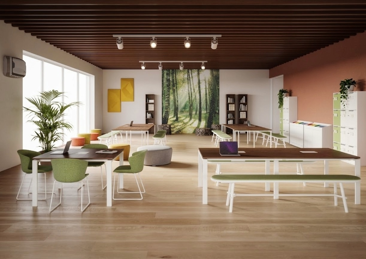 Spazio di lavoro che comunica i valori del brand attraverso il design biofilico