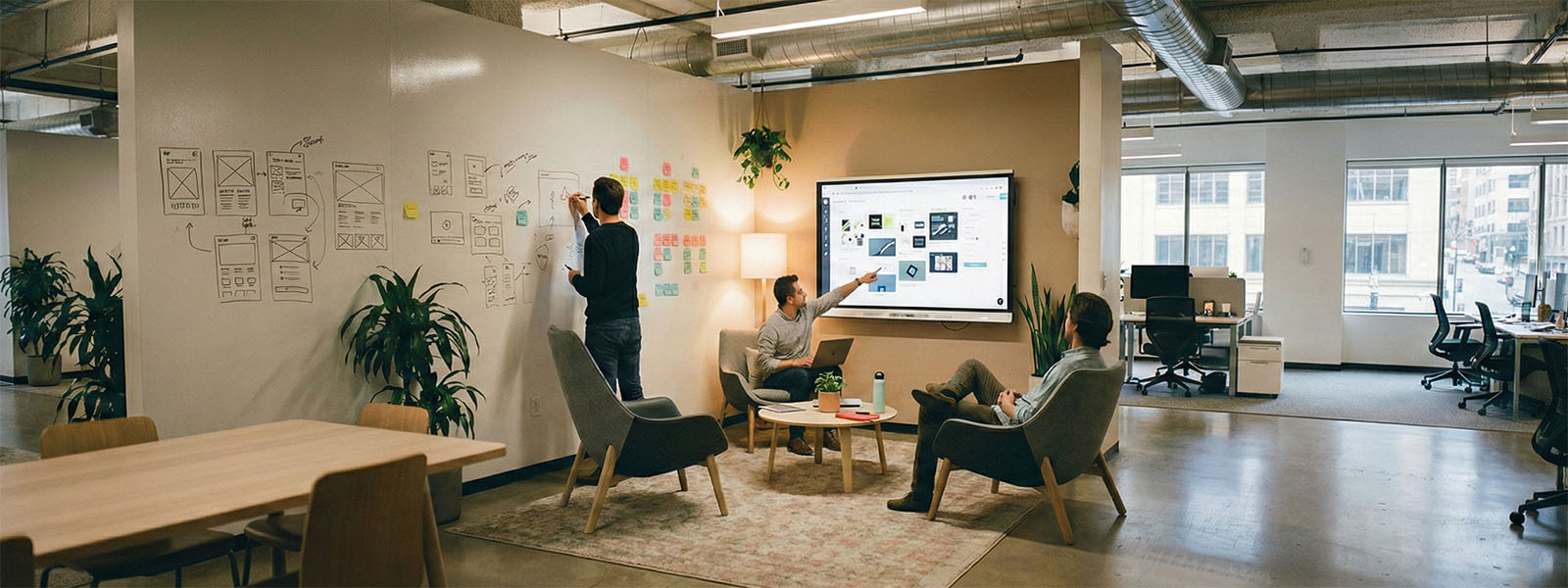 Spazio creatività con superfici scrivibili e lavagne integrate
