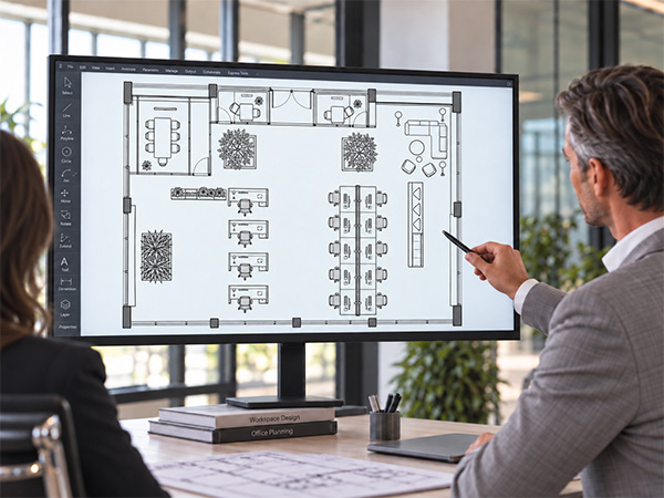 Layout ufficio 2D e 3D con distribuzione delle aree di lavoro