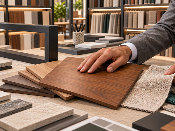 Moodboard con materiali, colori e finiture coordinati per l’ufficio
