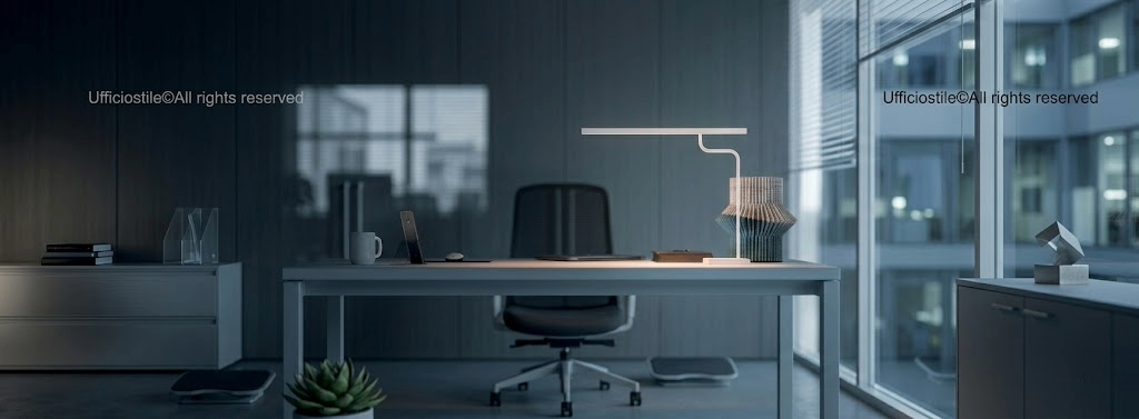 Area di lavoro con lampada da task orientabile e piano ordinato