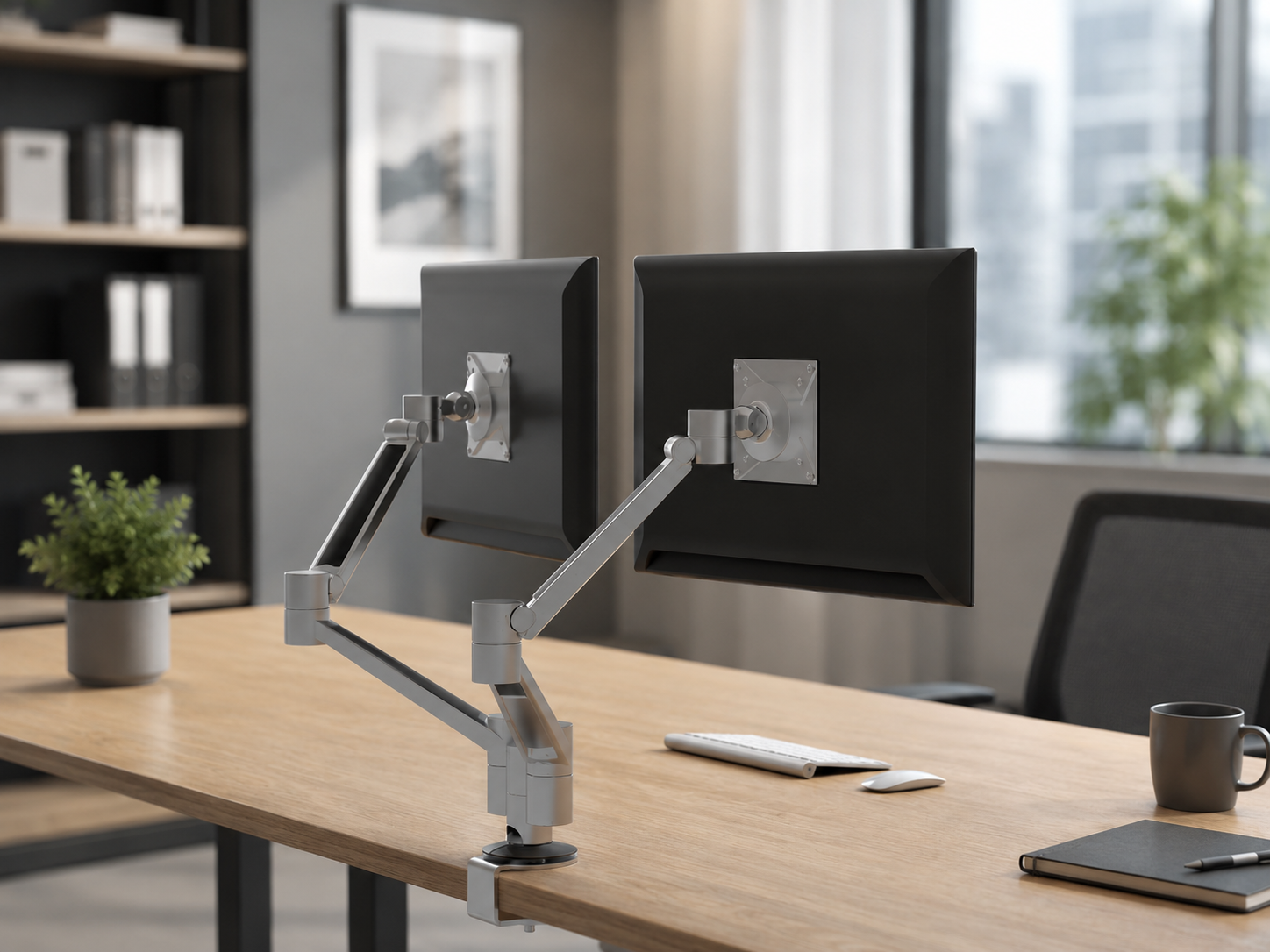 Dettaglio accessori ergonomici per monitor, poggiapiedi, luce e supporti modulari