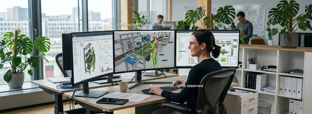 Simulazione 3D di layout ergonomico in ufficio