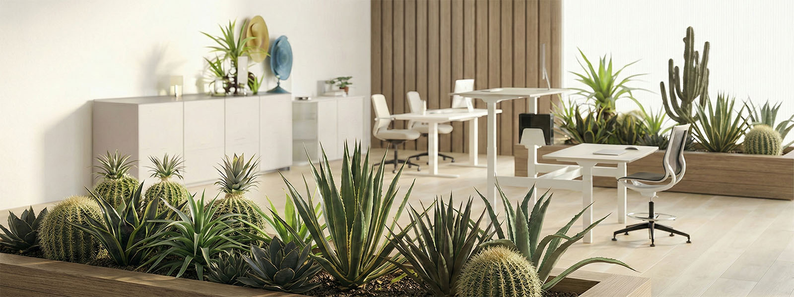 Fioriere modulari con verde indoor in open space ufficio