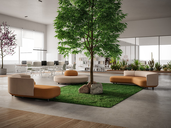 Fioriere con piante e pannelli fonoassorbenti in open space ufficio