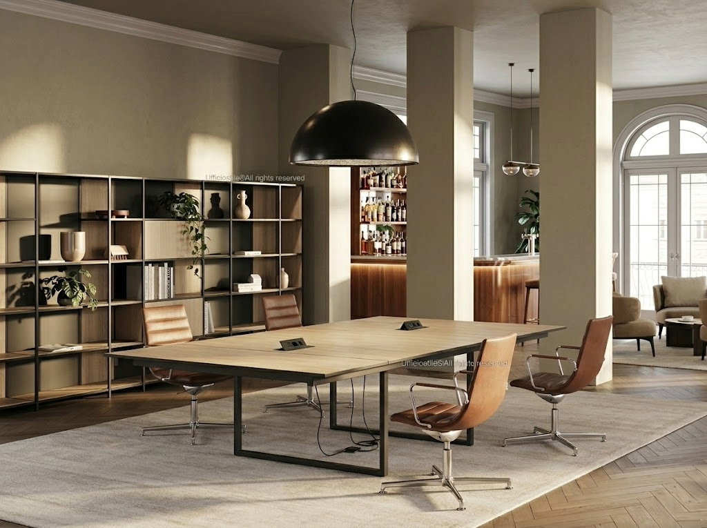 Dettaglio tavolo coworking con power-box integrato, cablaggio e sedute ergonomiche