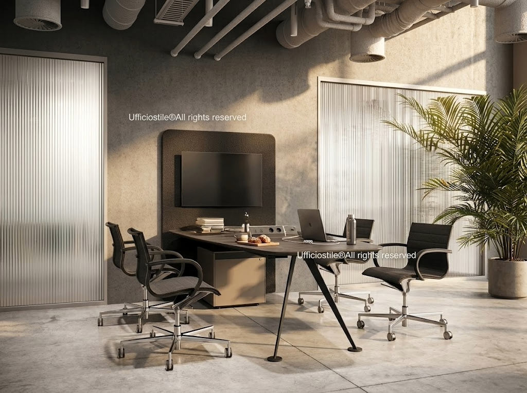 Tavoli coworking condivisi in hotel con prese integrate e canaline passacavi