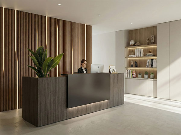 Strip LED integrate nel bancone e negli arredi della reception