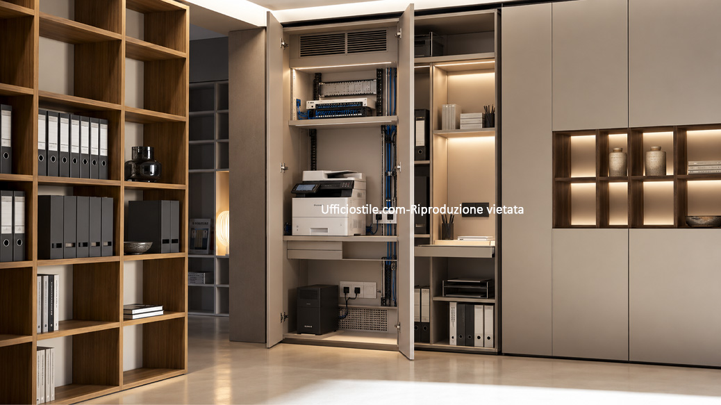 Fitted storage wall with printer compartment, cabling, ventilation and integrated technical access