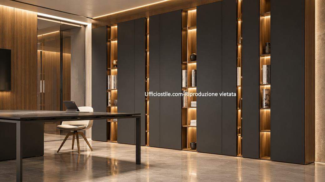 Office fitted wall with wall panelling, niches, push-pull modules and coordinated finishes