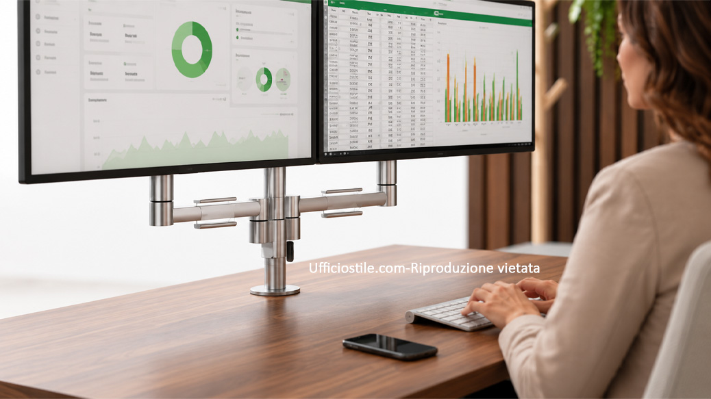 Scrivania direzionale con monitor lampada accessori e cablaggio coordinati
