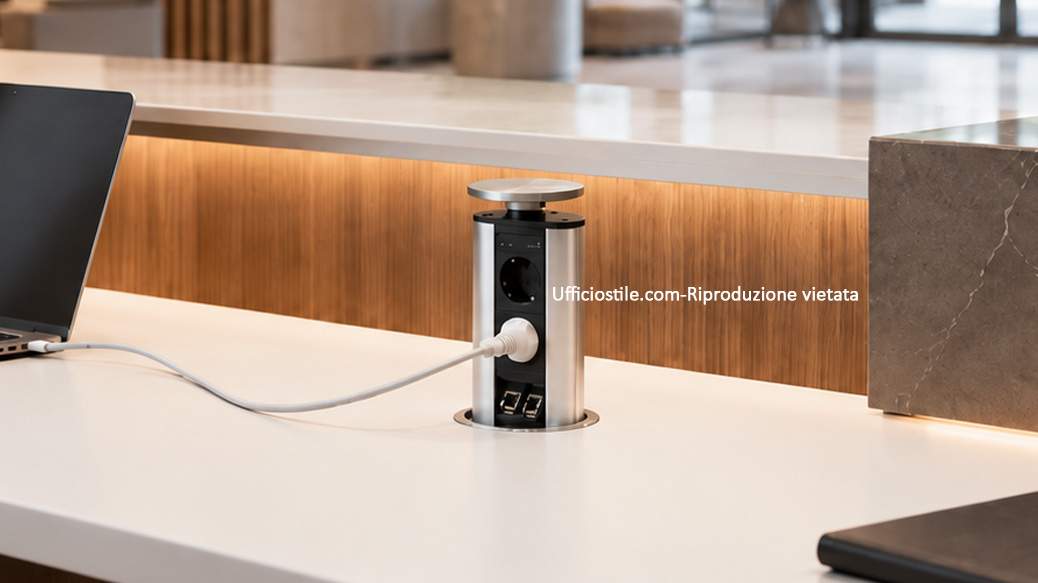 Banco reception con prese USB-C top access e gestione cavi integrata