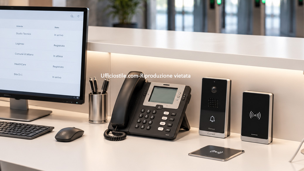 Postazione reception con lettore badge citofono e controllo accessi integrati