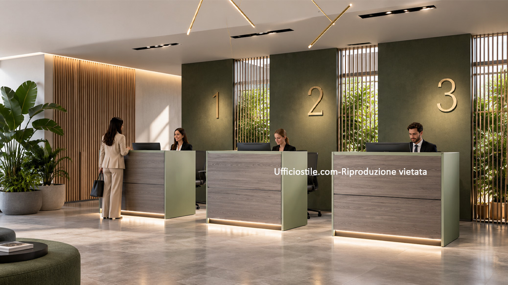 Bancone reception personalizzato con materiali resistenti logo e illuminazione coordinata