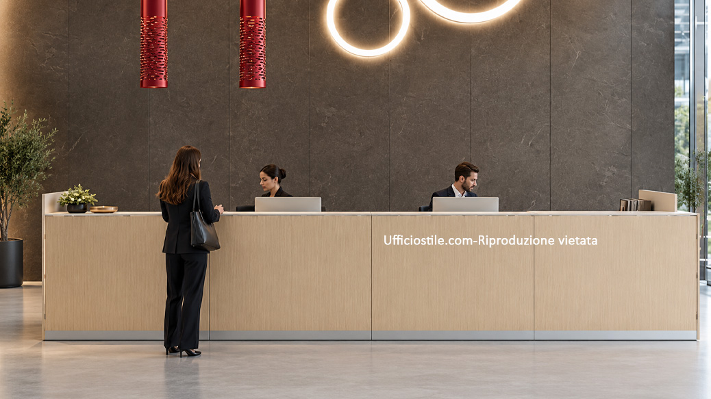 Postazione front office con monitor protetti e separazione della privacy