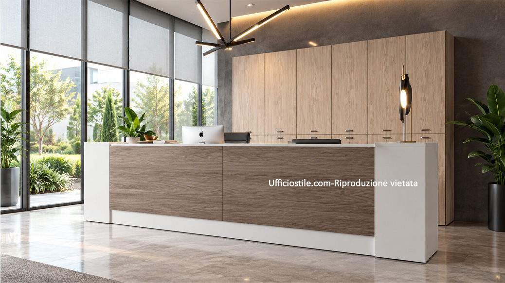 Reception con illuminazione controllata per evitare riflessi su monitor vetri e superfici lucide