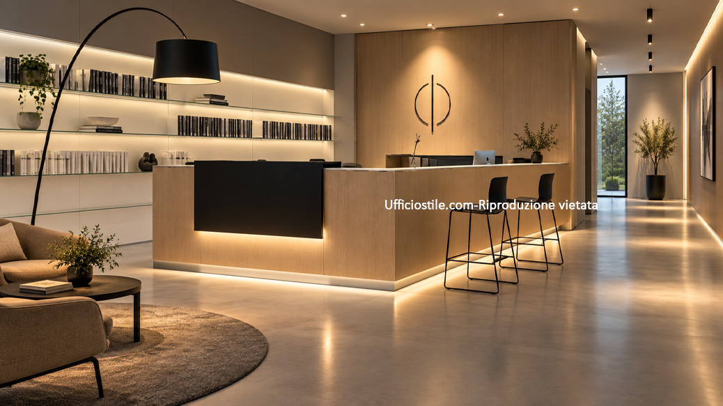 Reception con illuminazione gerarchica su banco logo area attesa e percorsi