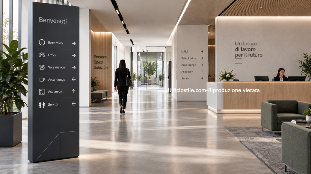 Reception aziendale con totem direzionale e sistema di wayfinding integrato