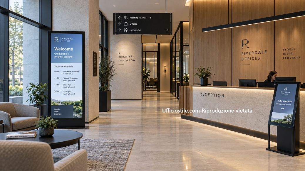 Reception con digital signage e segnaletica fissa per informazioni aggiornabili