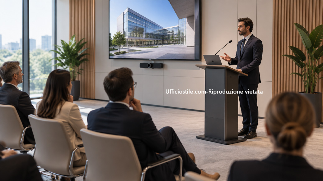 Podio professionale con microfono e connessioni integrate per sala conferenze