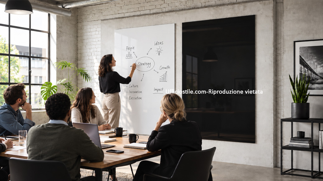 Lavagna in vetro e superficie scrivibile per brainstorming in sala riunioni